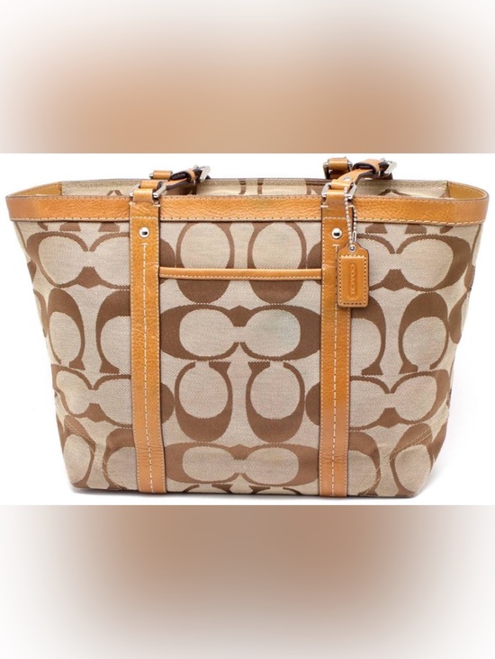 Coach Handbags - Coach Signature Jacquard khaki leather trim shoulder Vintage bag